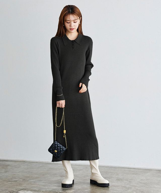 ネイビーの知的な美人見え！クラシカルなニットワンピーススタイル