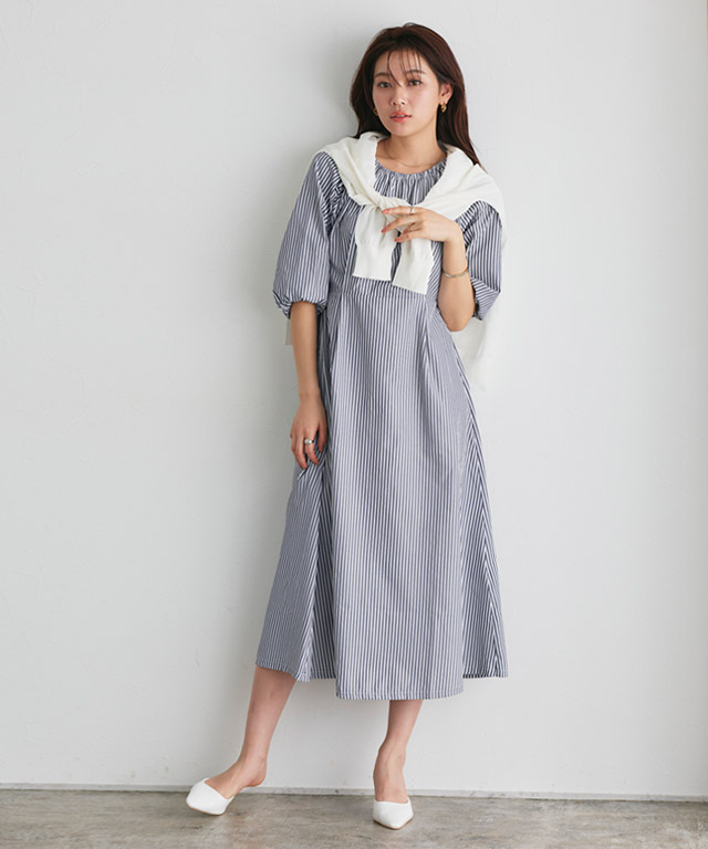 ストライプボリュームスリーブワンピース 【Pierrot】【スピード