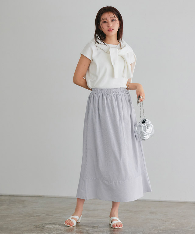 アウトレットSALE！】細ストライプ裾切り替えギャザースカート