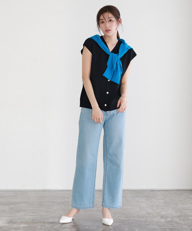 リネンタッチパールボタンニットベスト【スピード配送